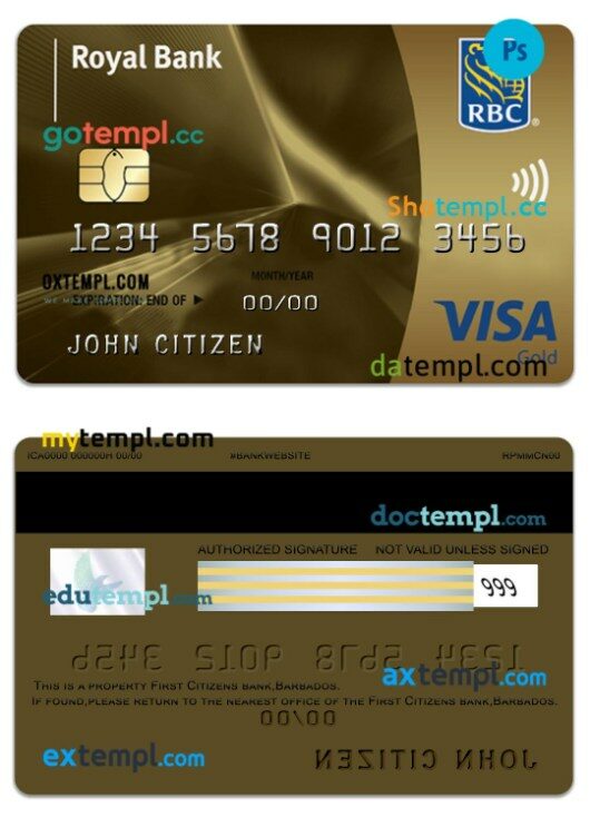 Barbados Royal bank visa gold card template in PSD format