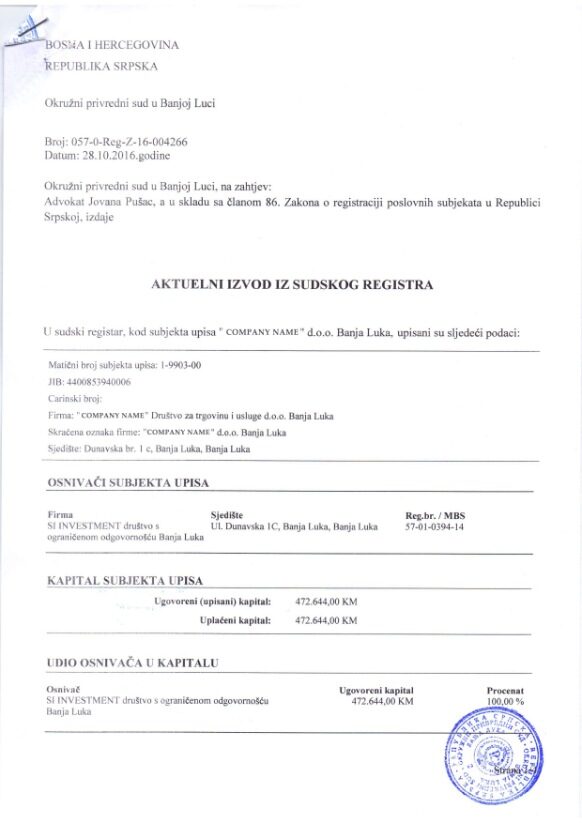 Bosnia and Hercegovina Certificate of Registration PSD template