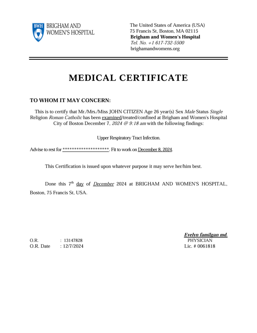 Brigham and Women's Hospital medical certificate template in Word and PDF formats