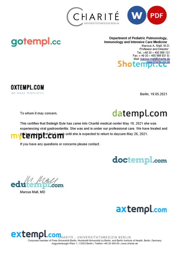 Charité - Universitätsmedizin Berlin doctor note template Word and PDF formats