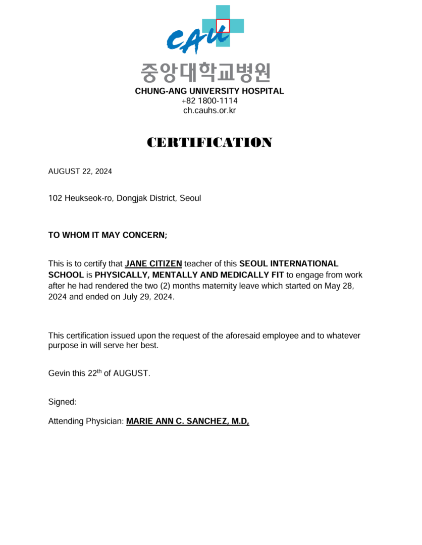 Chung-Ang University Hospital certification template in Word and PDF formats