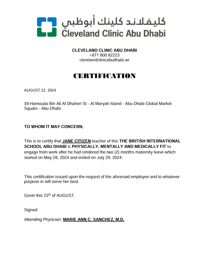Cleveland Clinic Abu Dhabi‎ certification template in Word and PDF formats