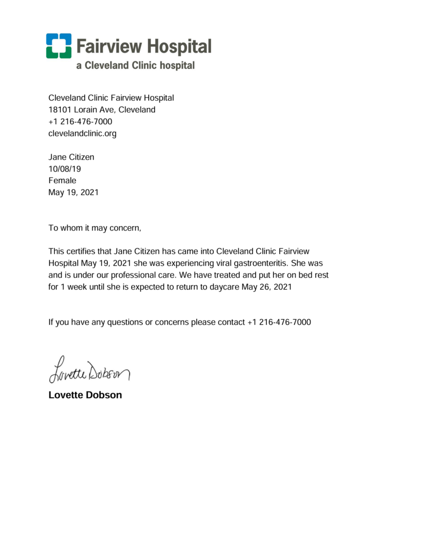 Cleveland Clinic Fairview Hospital doctor note template in Word and PDF formats