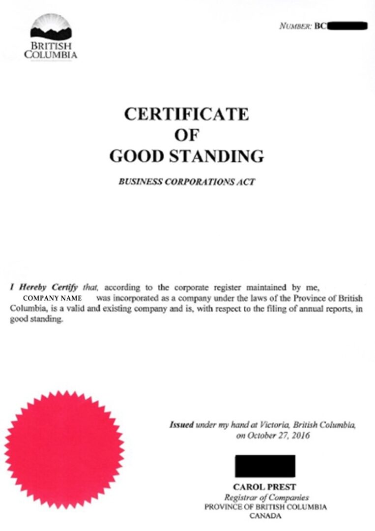 Canada British Columbia Certificate of Good Standing PSD template