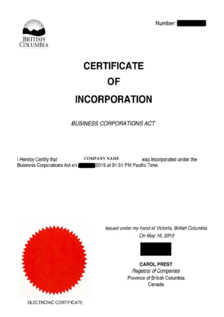 Canada British Columbia Certificate of Incorporation PSD template