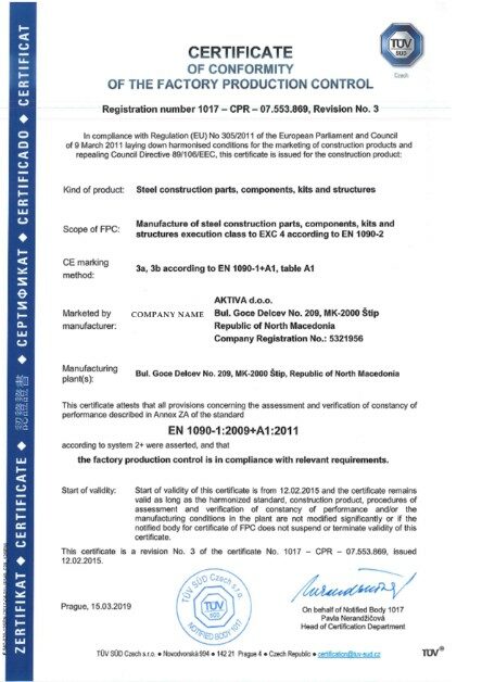 Czech Republic certificate of conformity of the factory production control PSD template