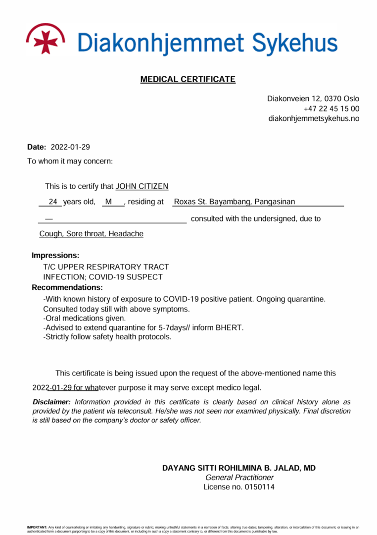 Diakonhjemmet Sykehus medical certificate template in Word and PDF formats