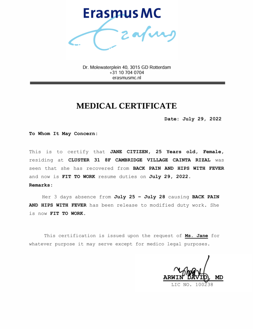 Erasmus MC medical certificate template in Word and PDF formats