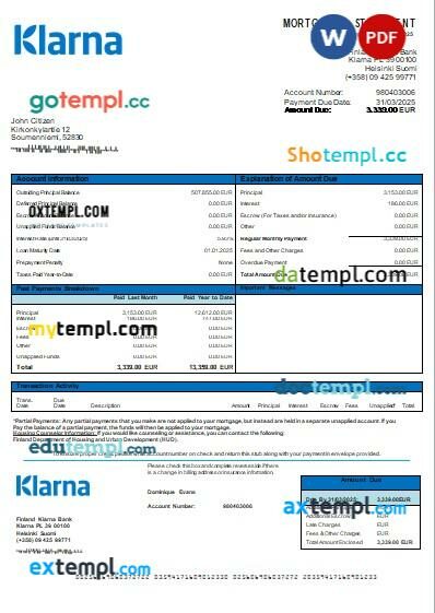Finland Klarna Bank mortgage statement, editable template in PDF and Word