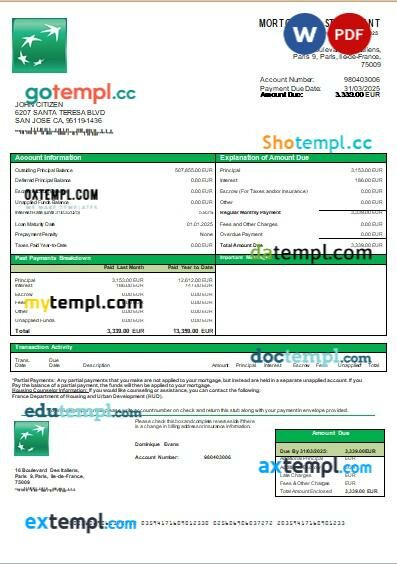 France BNP bank mortgage statement, editable template in PDF and Word