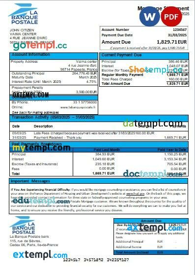 France La Banque Postale bank mortgage statement, editable template in PDF and Word