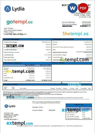 France Lydia Noir bank mortgage statement, editable template in PDF and Word