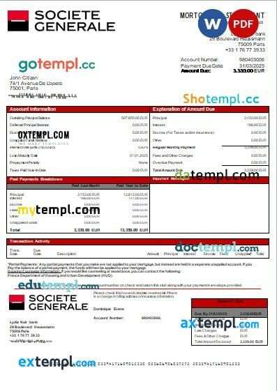 France Société Générale bank mortgage statement, editable template in PDF and Word
