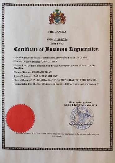 Gambia Certificate of Business Registration PSD template