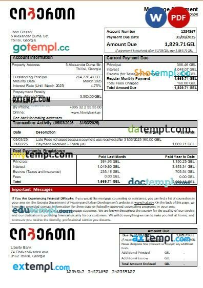 Georgia Liberty Bank mortgage statement, editable template in PDF and Word