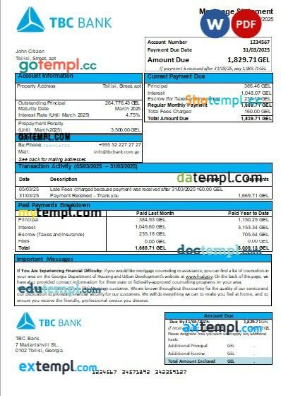 Georgia TBC Bank mortgage statement, editable template in PDF and Word
