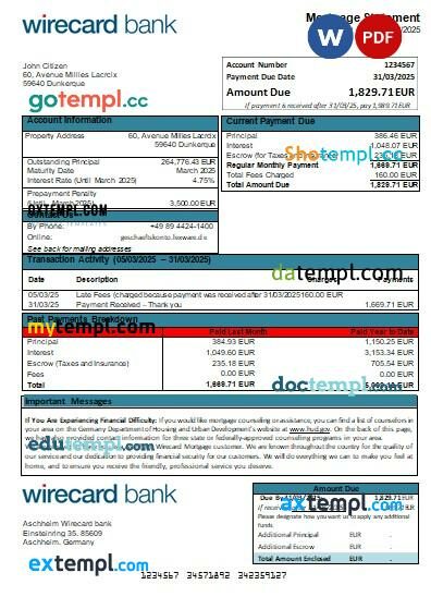 Germany Aschheim Wirecard bank mortgage statement, editable template in PDF and Word