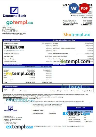 Germany Deutsche bank mortgage statement, editable template in PDF and Word