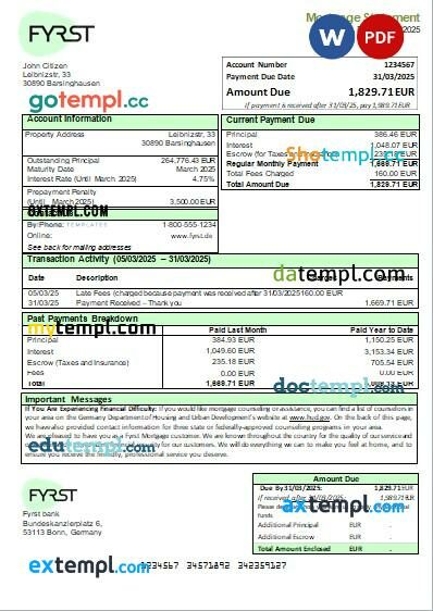 Germany Fyrst bank mortgage statement, editable template in PDF and Word