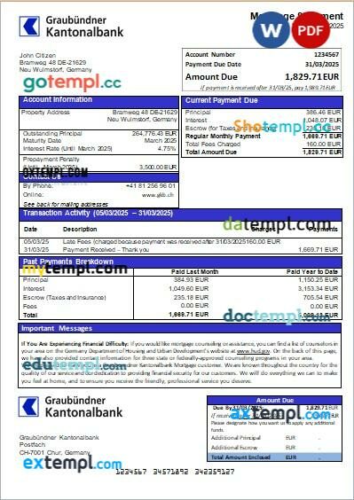 Germany Graubuendner Kantonalbank bank mortgage statement, editable template in PDF and Word