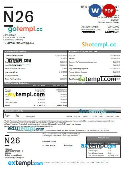 Germany N26 bank mortgage statement, editable template in PDF and Word