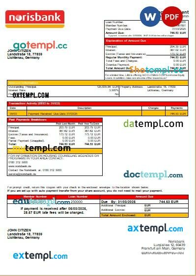 Germany Norisbank bank mortgage statement, editable template in PDF and Word