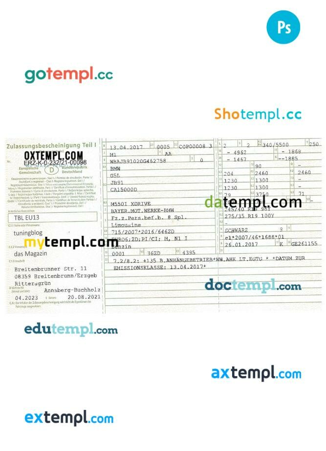 Germany vehicle registration certificate in PSD format, version 2