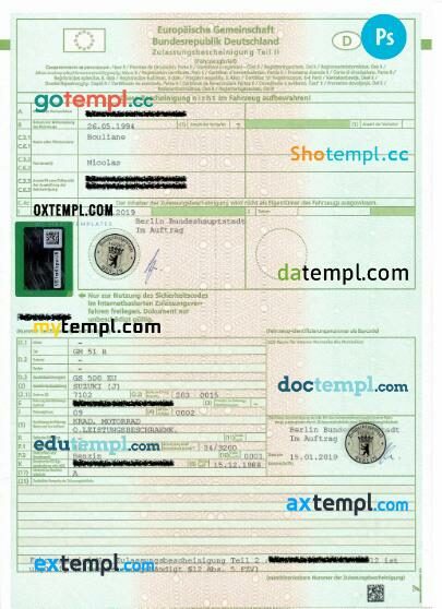 Germany vehicle registration certificate in PSD format