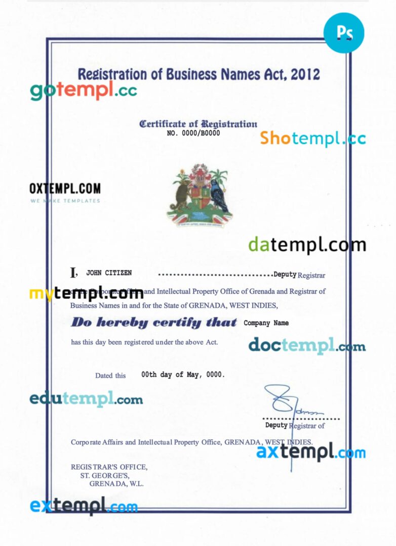 Grenada company registration certificate PSD template