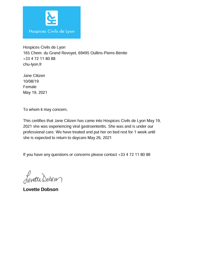 Hospices Civils de Lyon - Hôpital Lyon Sud doctor note template in Word and PDF formats