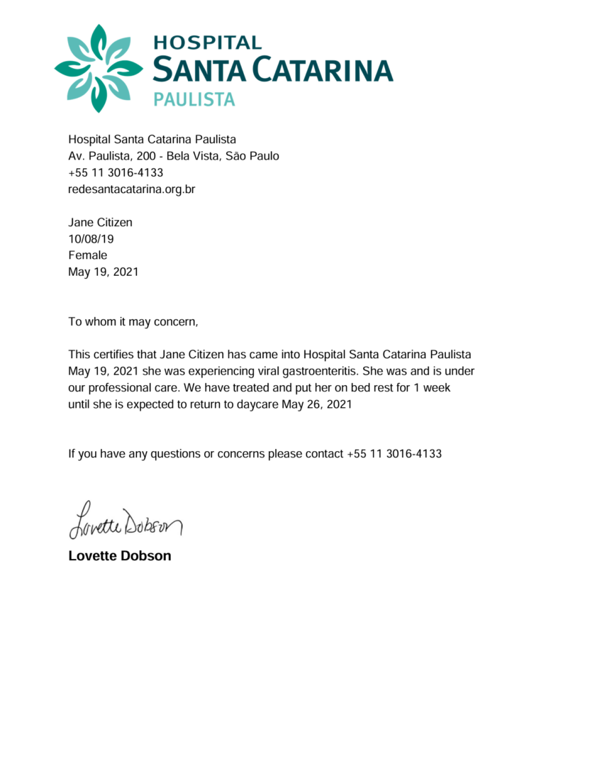 Hospital Santa Catarina Paulista doctor note template in Word and PDF formats