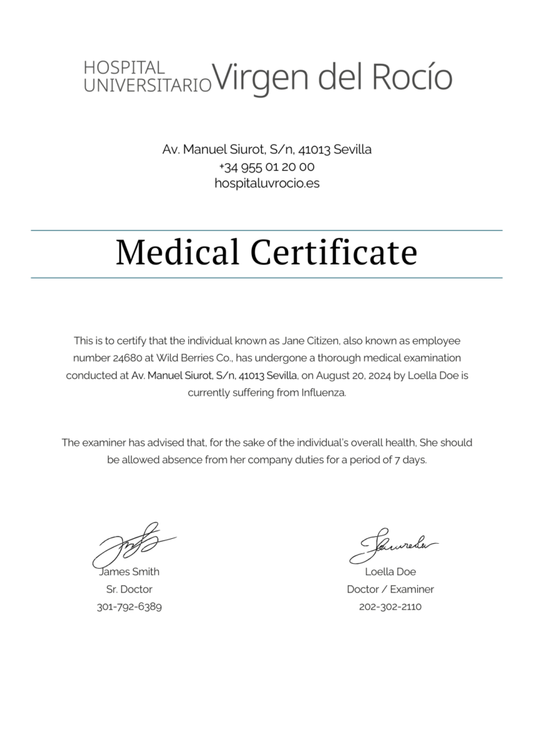 Hospital Universitario Virgen del Rocio medical certificate template in Word and PDF formats
