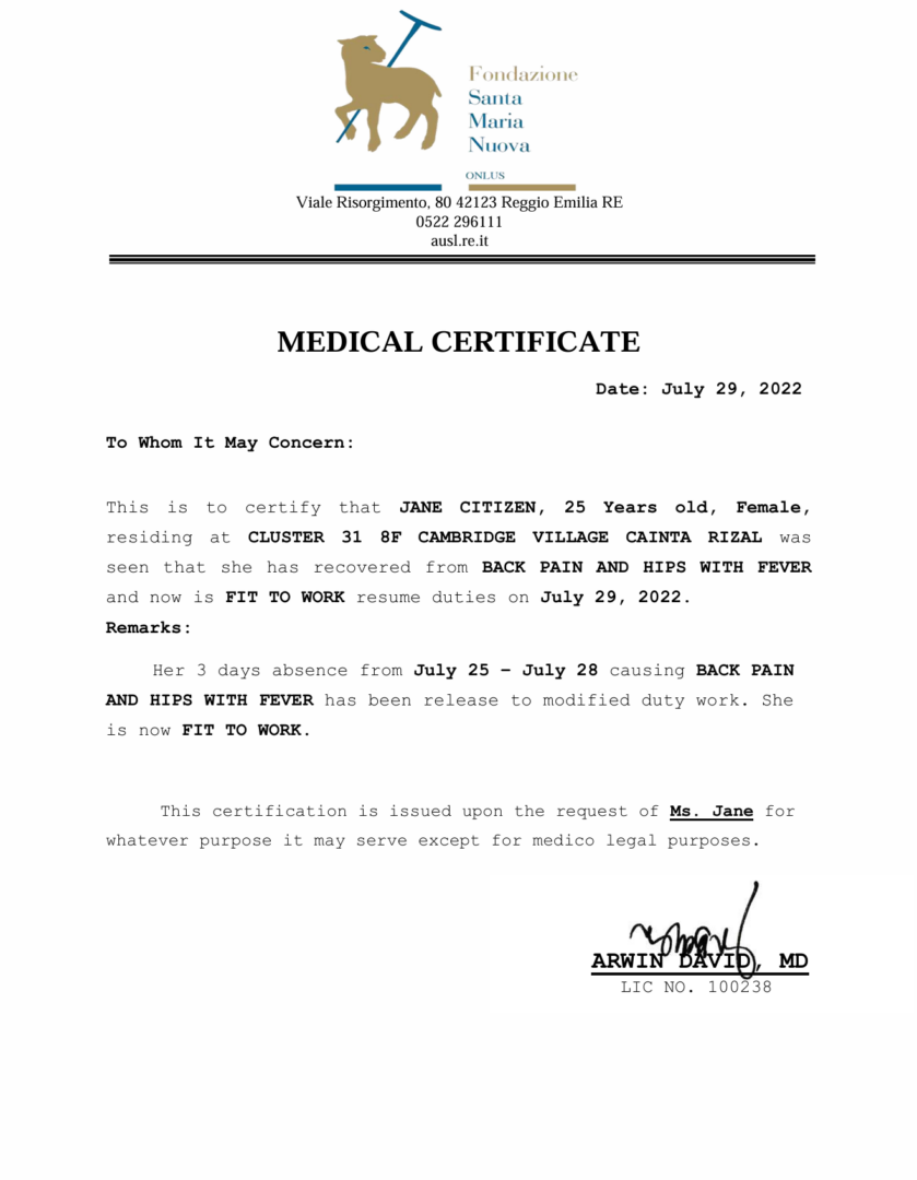IRCCS Arcispedale Santa Maria Nuova medical certificate template in Word and PDF formats