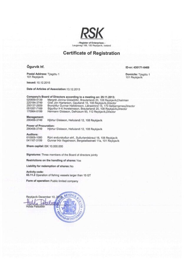 Iceland Certificate of Registration PSD template
