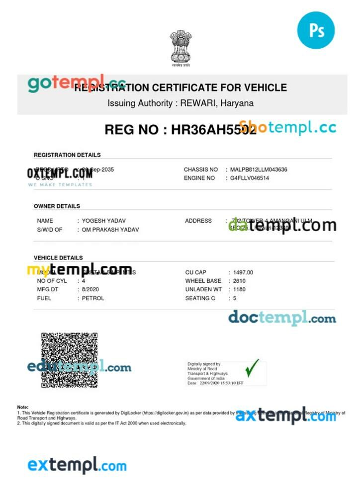 India vehicle registration certificate in PSD format