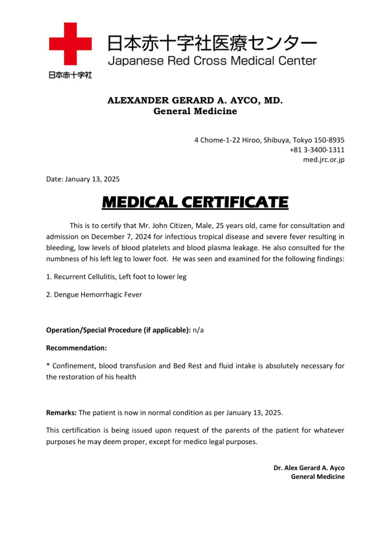 Japanese Red Cross Medical Center medical certificate template in Word and PDF formats