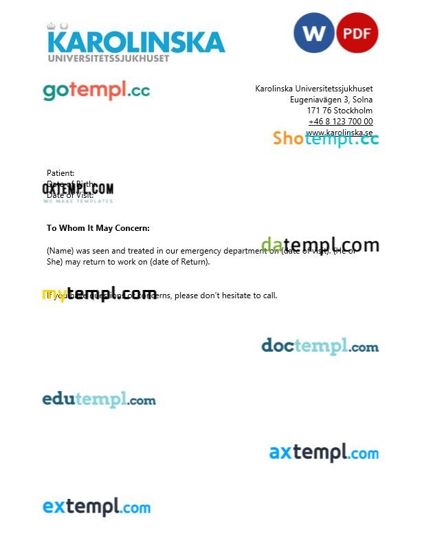 Karolinska Universitetssjukhuset doctor note template Word and PDF formats