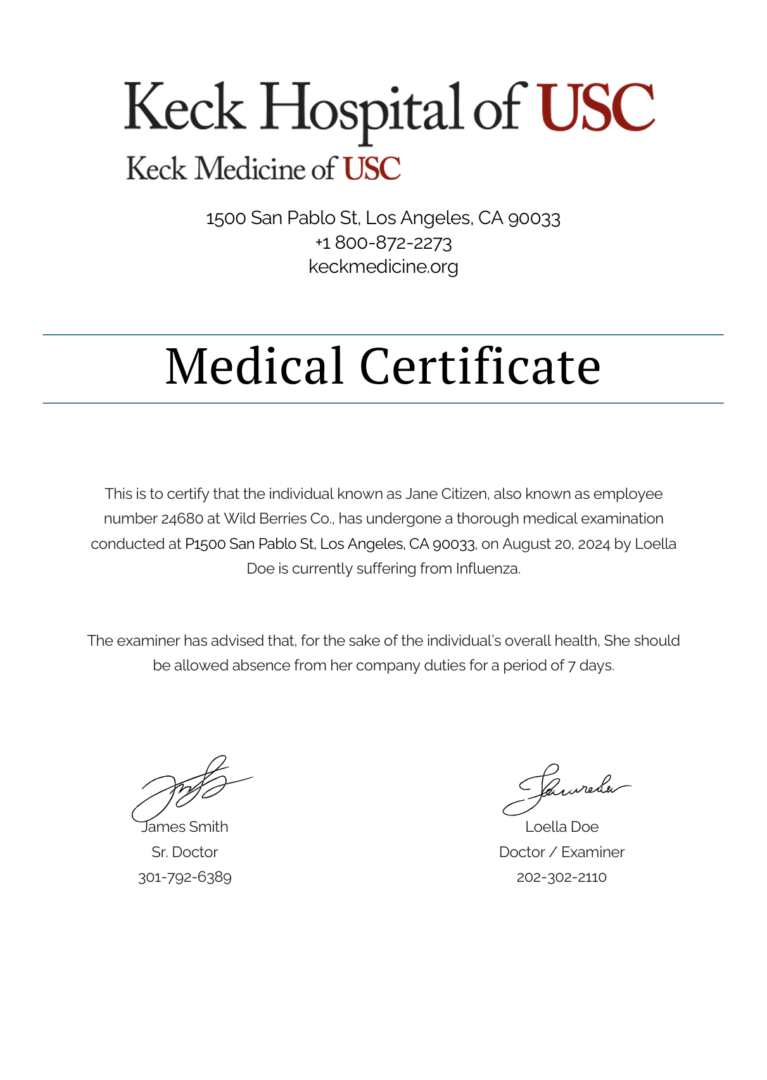 Keck Hospital of USC medical certificate template in Word and PDF formats