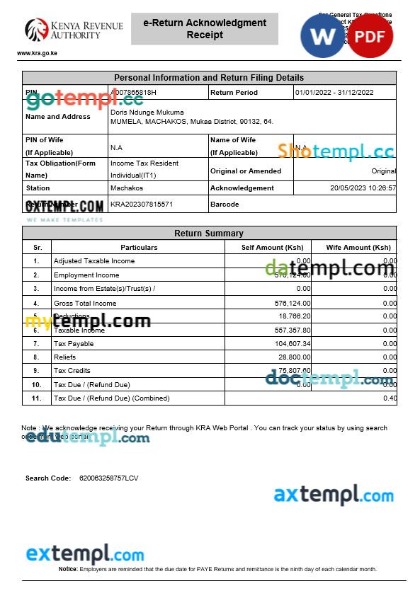 Kenya Revenue Authority tax receipt editable template in Word and PDF formats