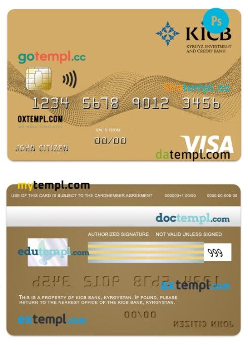 Kyrgystan KICB Bank visa gold card template in PSD format
