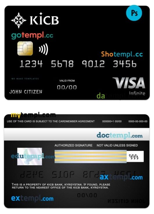 Kyrgystan KICB Bank visa infinite card template in PSD format