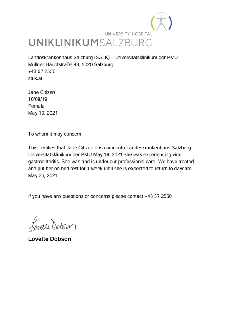 Landeskrankenhaus Salzburg - Universitätsklinikum der PMU doctor note template in Word and PDF formats