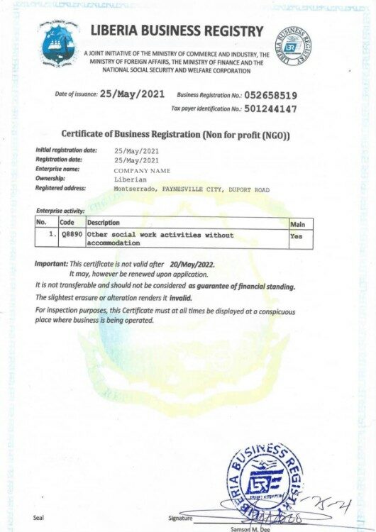 Liberia certificate of business registration PSD template