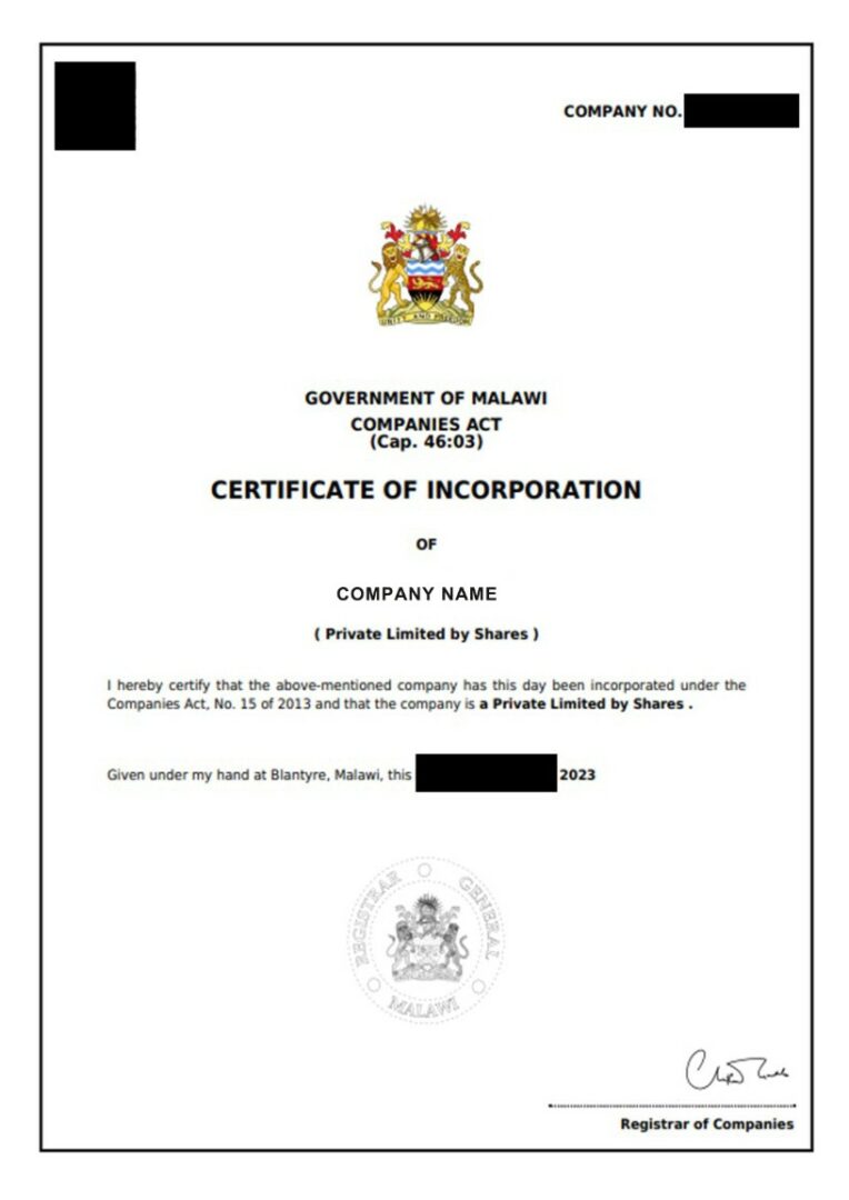 Malawi certificate of incorporation PSD template