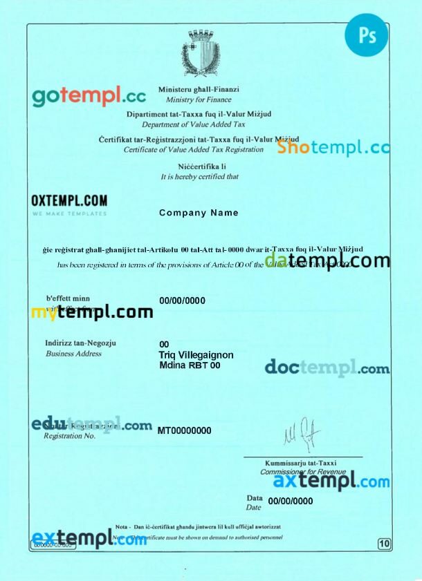 Malta company registration certificate PSD template