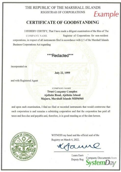 Marshal islands certificate of good standing PSD template
