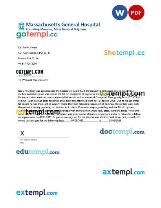 Massachusetts General Hospital doctor note template Word and PDF formats
