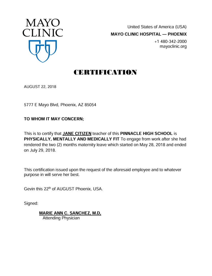 Mayo Clinic - Phoenix certification template in Word and PDF formats