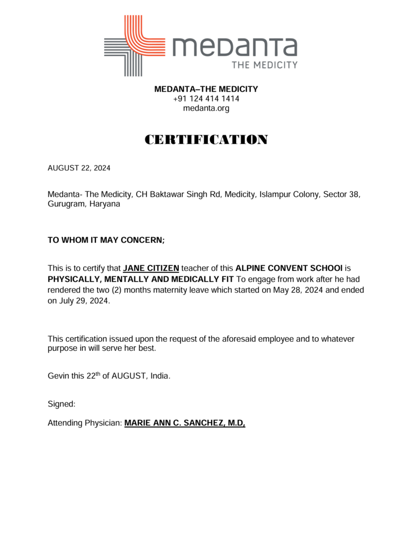 Medanta–The Medicity certification template in Word and PDF formats