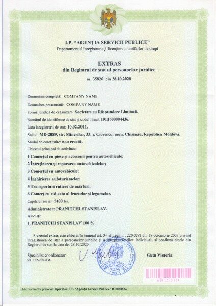Moldavia certificate of incorporation PSD template